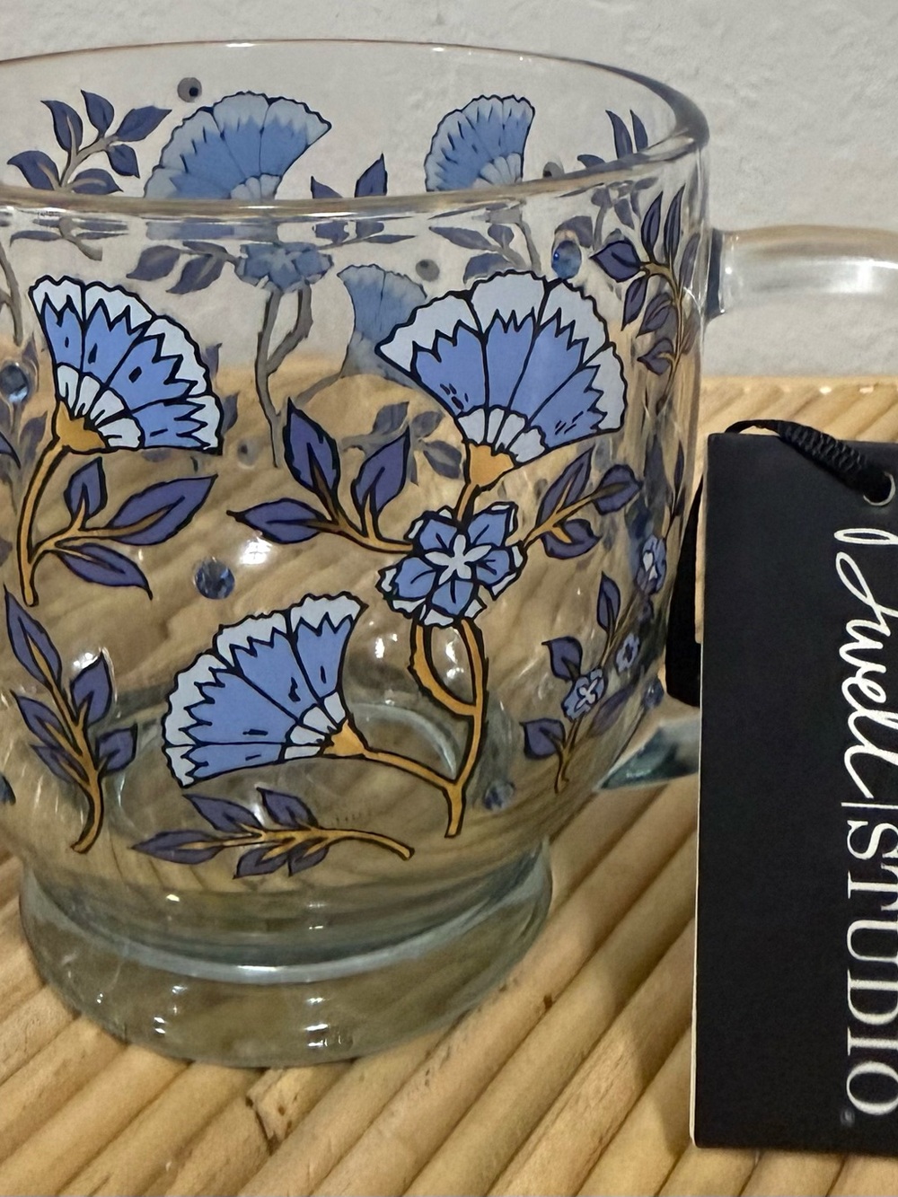 Dwell Studio Clear Glass Footed Mug Blue Floral & Rhinestones